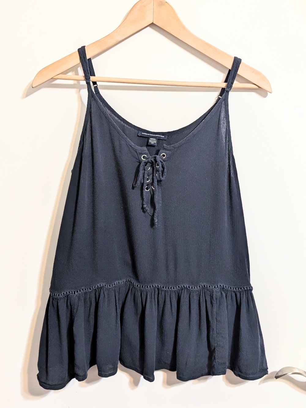 American Eagle Lace Up Peplum Cami Tank Top Navy Blue Boho Medium